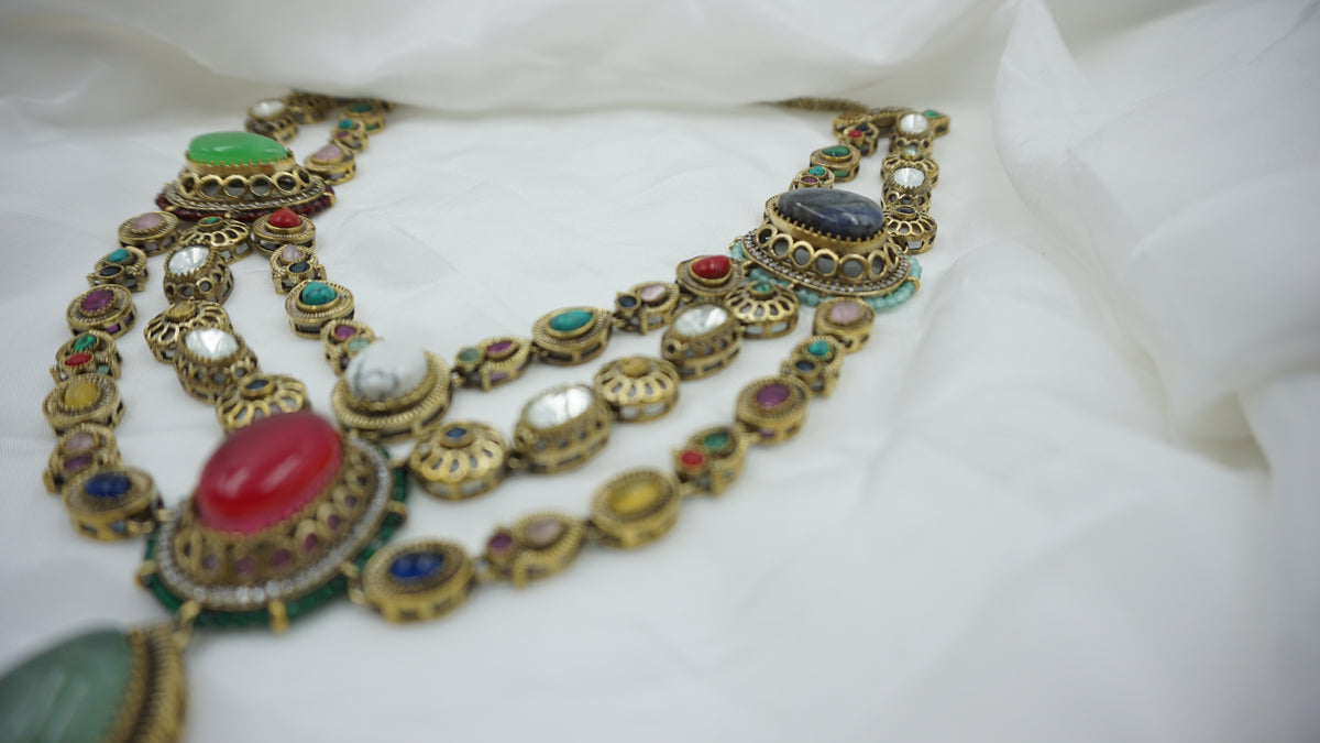 Victorian Navratan Set with Earrings | Antique Gold | SV-NS-01