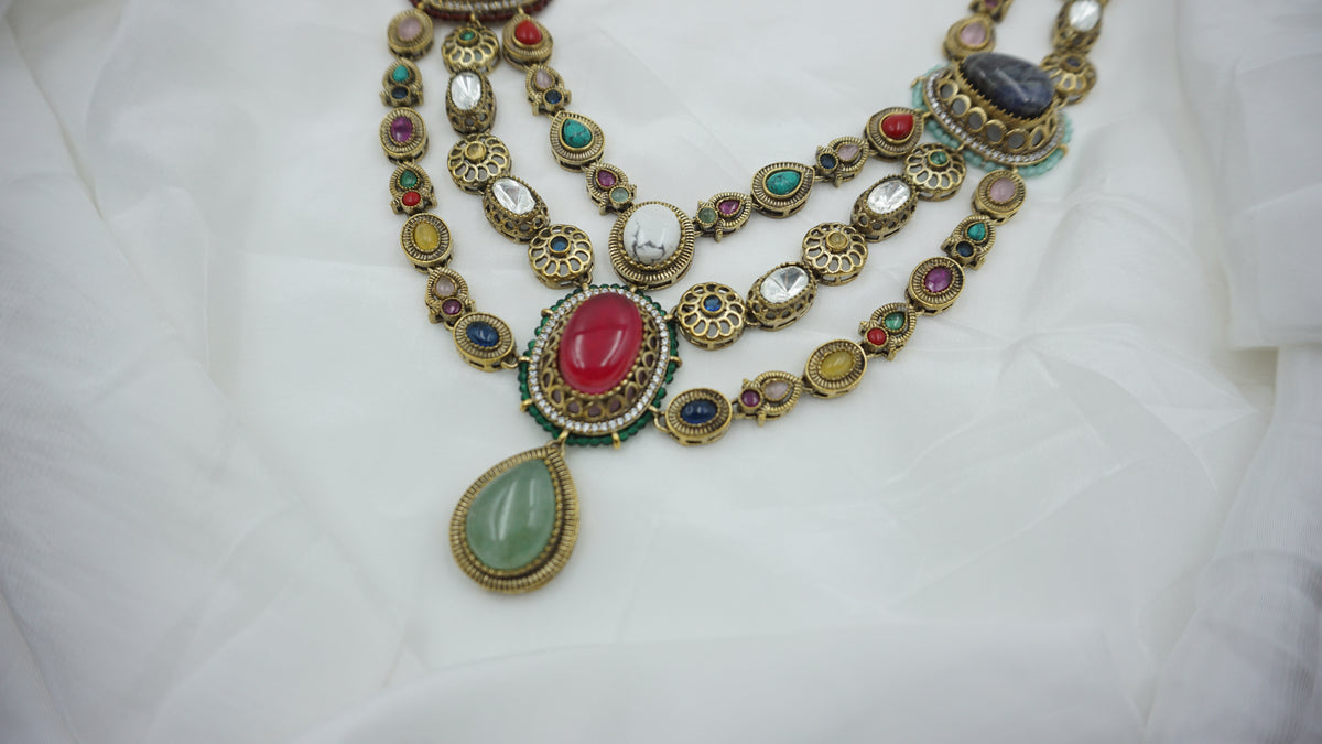 Victorian Navratan Set with Earrings | Antique Gold | SV-NS-01