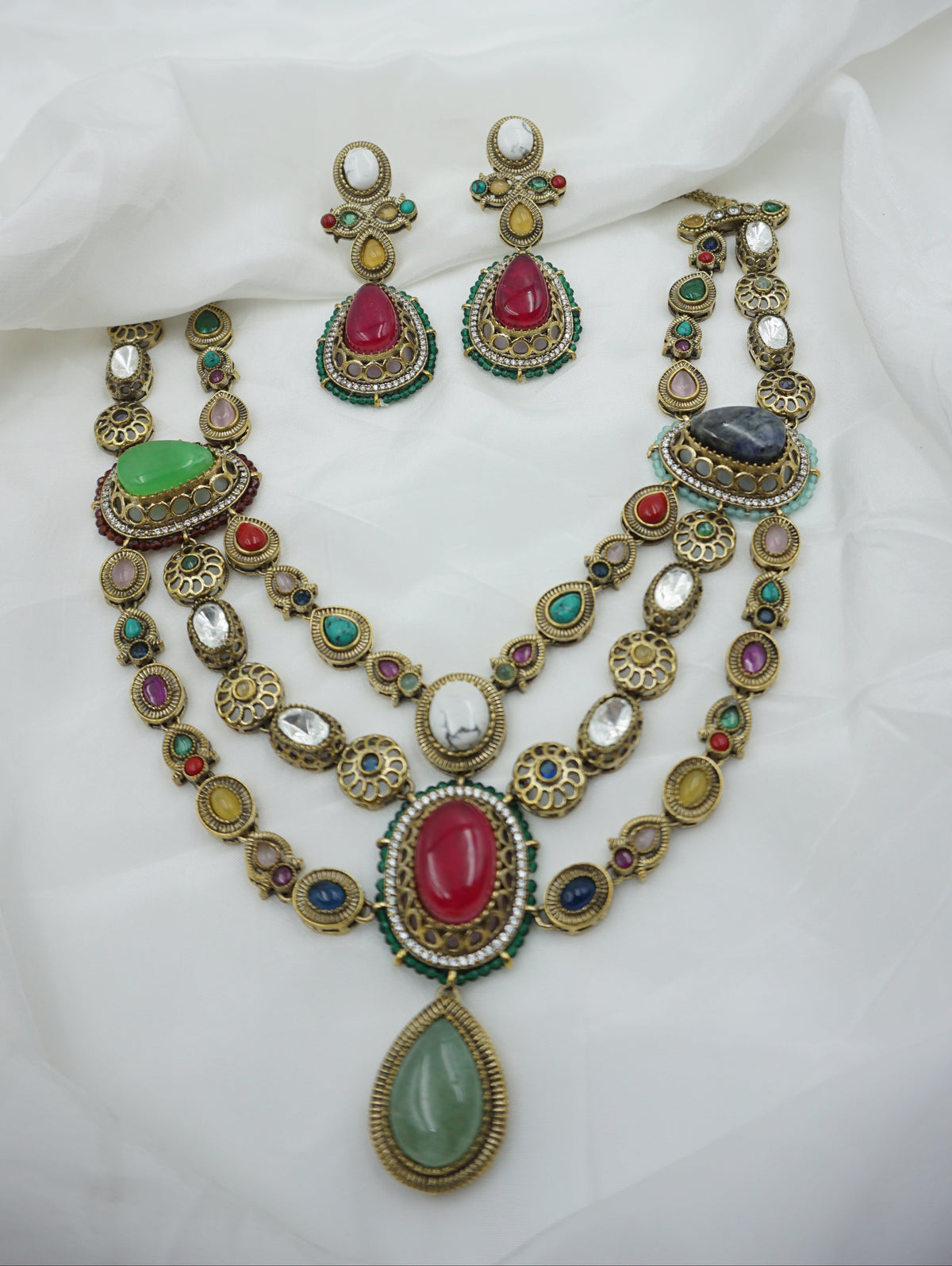 Victorian Navratan Set with Earrings | Antique Gold | SV-NS-01