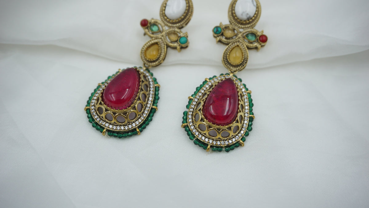 Victorian Navratan Set with Earrings | Antique Gold | SV-NS-01