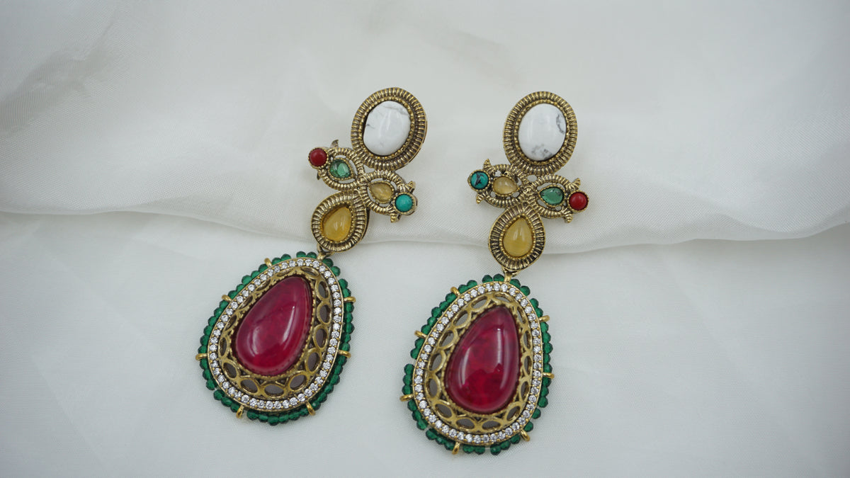 Victorian Navratan Set with Earrings | Antique Gold | SV-NS-01